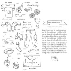 Hand drawn doodle american football set Vector illustration Sketchy sport related icons football elements, ball helmet jersey pants knee thigh shoulder pads cleats field cheerleading down indicator