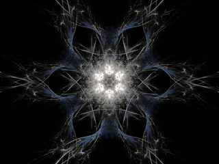 Computer fractal illustration of  blue white flower on black background