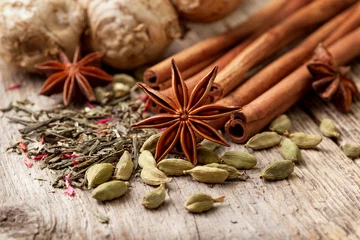 Crédence de cuisine en verre imprimé Herbes ingredients for tea with spices