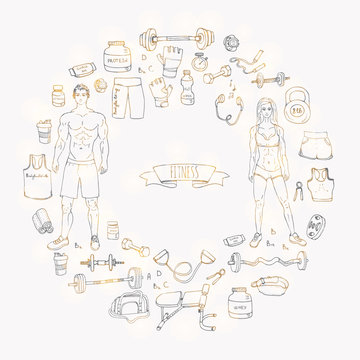 Hand drawn doodle fitness icons set. Vector illustration. Sport symbol collection. Cartoon bodybuilding various sketch elements: gym, sportsmen, diet, barbell, dumbbell, vitamin, protein, sport bag