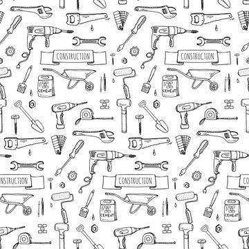 Seamless background hand drawn doodle Construction tools set Vector illustration building icons House repair icons concept collection Modern sketch style labels of house remodel gear elements, symbols