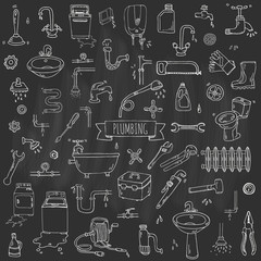 Hand drawn doodle Plumbing icons set. Vector illustration. Plumber repair tools collection. Cartoon water pipe various sketch elements: sink, tube, drain, broken washing machine, splash, drops, leak