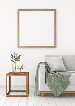 Square poster mock-up with empty wooden frame and plants on white wall background. 3D rendering.