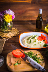 mashed potatoes on a wooden background