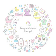 Set of hand drawn cute baby shower icons. Kids care elements. Vector illustration. it's a baby girl design symbols. Children clothing, toy, bib, nappy, carriage, socks, bottle, baby foot print, dress