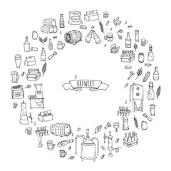 Hand drawn doodle set of Brewery icons. Vector illustration set. Cartoon Craft Beer production symbols. Sketchy brewing elements collection: pub equipment, malt, hop, glass, barrel, mill, beer tap.