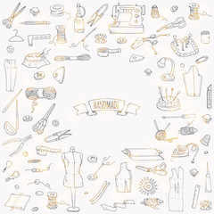 Hand drawn doodle Handmade icons set. Vector illustration. Sewing collection. Cartoon hand made various sketch elements: embroidery, jewelry making, button, needle, scissors, spool, pin, knitting