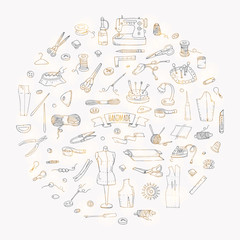 Hand drawn doodle Handmade icons set. Vector illustration. Sewing collection. Cartoon hand made various sketch elements: embroidery, jewelry making, button, needle, scissors, spool, pin, knitting