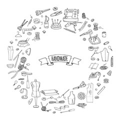 Obraz premium Hand drawn doodle Handmade icons set. Vector illustration. Sewing collection. Cartoon hand made various sketch elements: embroidery, jewelry making, button, needle, scissors, spool, pin, knitting
