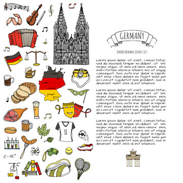 Hand drawn doodle set of Germany icons. Vector illustration set. Cartoon German landmark. Sketchy Europe travel elements collection: Sausage, Beer, Wheat bread, football, tennis, classic music, castle