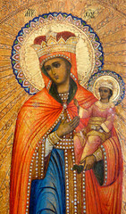 Slovakia, 2016/05/26. Byzantine icon from Ukraine called 'Comforter of the Afflicted' depicting Holy Mary Mother of God pointing to her Baby Jesus Christ with her hand. From the 17th or 18th C.