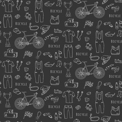 Seamless pattern hand drawn Bicycle equipment set. Doodle vector illustration of stylized bicycling icons. Cartoon. Sketch accessories elements collection, cycling gear, cloth, shoes, cup, helmet