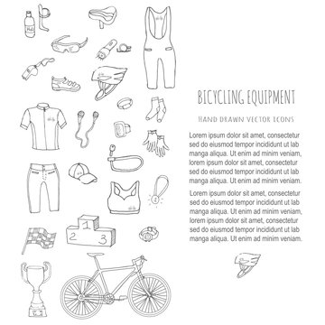 Bicycle equipment hand drawn set. Doodle vector illustration of various stylized bicycling icons. Cartoon equipment. Sketch accessories elements collection, cycling gear, cloth, shoes, cup, helmet