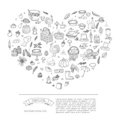 Hand drawn doodle Thanksgiving icons set Vector illustration autumn symbols collection Cartoon various celebration elements: turkey, hat, cranberry, vegetables, pumpkin pie, leaves