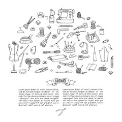 Hand drawn doodle Handmade icons set. Vector illustration. Sewing collection. Cartoon hand made various sketch elements: embroidery, jewelry making, button, needle, scissors, spool, pin, knitting