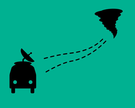 Search for tornadoes. A car with a dotted line and tornado. Flat design.