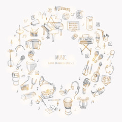 Hand drawn doodle Music set Vector illustration musical instrument and symbols icons collections Cartoon sound concept elements Music notes Piano Guitar Violin Trumpet Drum Gramophone Saxophone Harp