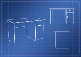 table on paper blueprint, 3D rendering