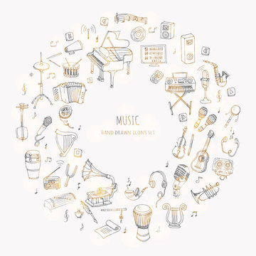 Hand drawn doodle Music set Vector illustration musical instrument and symbols icons collections Cartoon sound concept elements Music notes Piano Guitar Violin Trumpet Drum Gramophone Saxophone Harp
