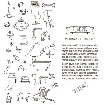 Hand drawn doodle Plumbing icons set. Vector illustration. Plumber repair tools collection. Cartoon water pipe various sketch elements: sink, tube, drain, broken washing machine, splash, drops, leak