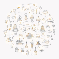 Hand drawn doodle Sweets set. Vector illustration. Sketch Sweet food icons collection. Isolated cartoon desert symbols: Cupcake, Macarons, Chocolate bar, Candy, Cake, Pie, Pastry, Lollipop, Pastry.
