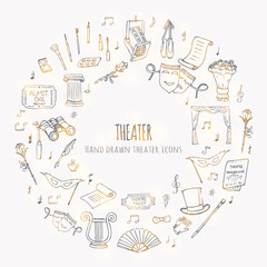Hand drawn doodle Theater set. Vector illustration. Sketchy artistic icons. Acting performance elements: Ticket, Masks, Lyra, Flowers, Curtain stage, Musical notes, Pointe shoes, Make-up artist tools.