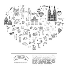 Hand drawn doodle set of Germany icons. Vector illustration set. Cartoon German landmark. Sketchy Europe travel elements collection: Sausage, Beer, Wheat bread, football, tennis, classic music, castle