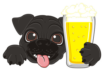 snout, mops, paws, happy, crazy, pug, black, beer, tongue, animal, pet, friend, puppy, cartoon, cute, funny, dog