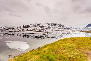 Norway scenic mountains with frozen lake.