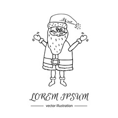 Hand drawn doodle set of Santa Claus icon. Vector illustration. Cartoon red hat Happy new year Santa Claus symbol Sketchy funny Merry Christmas element Traditional december holiday present decoration.