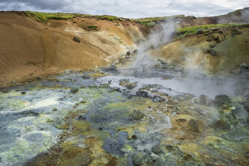Geothermal area with hot springs on Iceland, summer