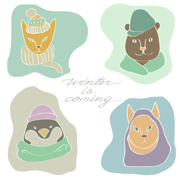 Vector illustration depicting portraits of animals in caps. Fox, bear, penguin, and protein. Inscription Winter is coming.