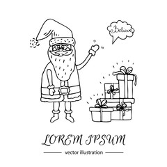 Hand drawn doodle set of Santa Claus icon. Vector illustration. Cartoon red hat Happy new year Santa Claus symbol Sketchy funny Merry Christmas element Traditional december holiday present decoration.