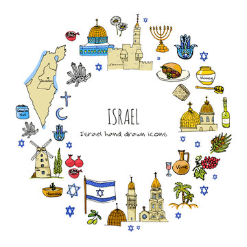 Seamless pattern. Set of hand drawn Israel icons. Jewish sketch. Vector illustration. Doodle elements, Isolated national elements background. Travel to Israel icon for card, web page. Hanukkah symbol.