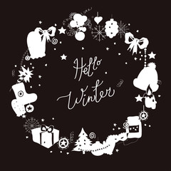 Illustration, vector frame, white silhouette on a black background. Set of winter elements and festive Christmas characters. Caption Hello