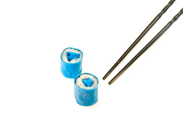 Plastic sushi as an illustration unnatural and  polluted modern food. Environmental concept