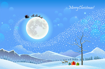 Santa flying in his sleigh over a snowey landscape