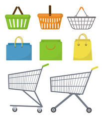 Shopping bag, basket, trolley, cart. Icon set, flat style. Purchase supermarket bag set. Isolated on white background. Vector illustration