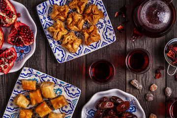 Oriental sweets with hibiscus tea.