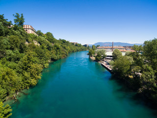 Fototapeta na wymiar Aerial view of Arve an Rhone river confluent in Geneva Switzerl