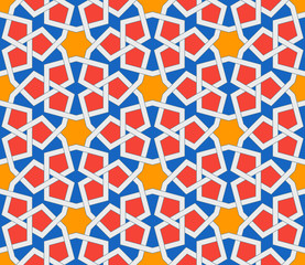 Islamic geometric ornaments based on traditional arabic art. Oriental seamless pattern. Muslim mosaic. Colorful vector illustration. Red, yellow and blue arabian tile. Mosque decoration element.
