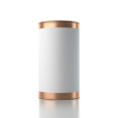 Metal tin Can with white paper label. Cylindrical Packaging for tea, coffee, 3d rendering