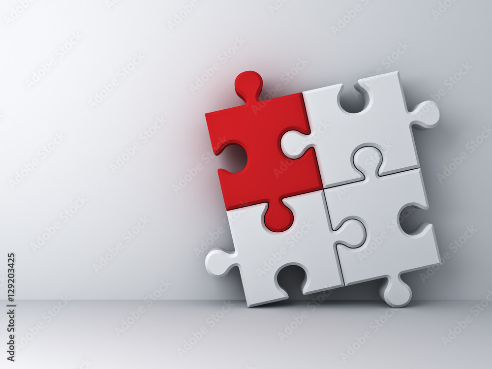 Poster red jigsaw puzzle piece stand out from the crowd different concept on white wall background with sha