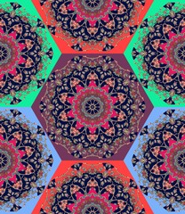 Ethnic seamless patchwork pattern in the form of honeycombs. Bright print for fabric in indian style 1. Hexagonal ornament with floral mandala.