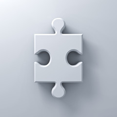 White jigsaw puzzle piece concept on white wall background with shadow 3D rendering