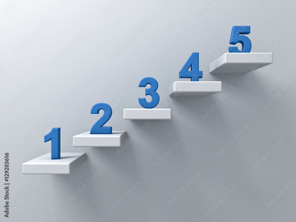 Poster Abstract stairs or steps concept on white wall background with blue number from one to five 3D rendering