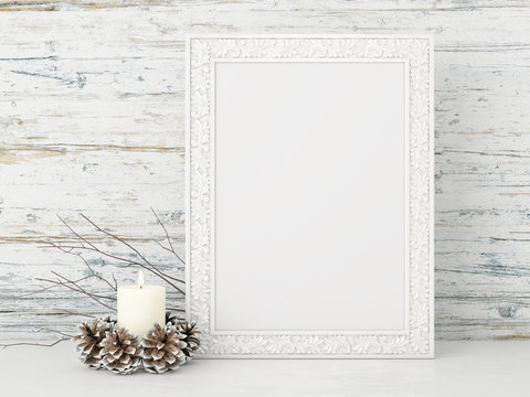 Vertical interior mock up with candle and pine cones on empty wooden wall background. 3D rendering.
