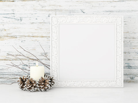 Square interior mock up with candle and pine cones on empty wooden wall background. 3D rendering.