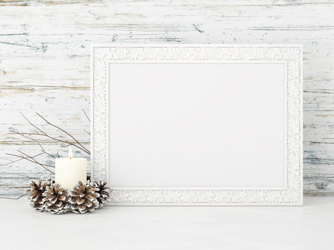 Horizontal interior mock up with candle and pine cones on empty wooden wall background. 3D rendering.