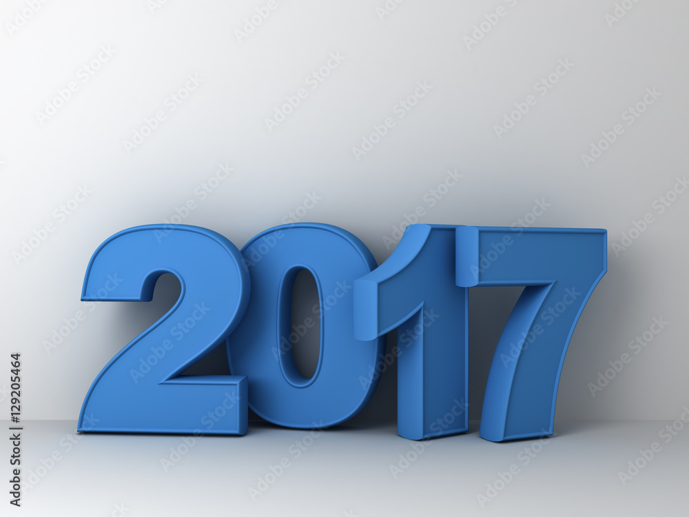 Aufkleber Happy new year 2017 3D blue text over white wall background abstract with shadow 3D rendering